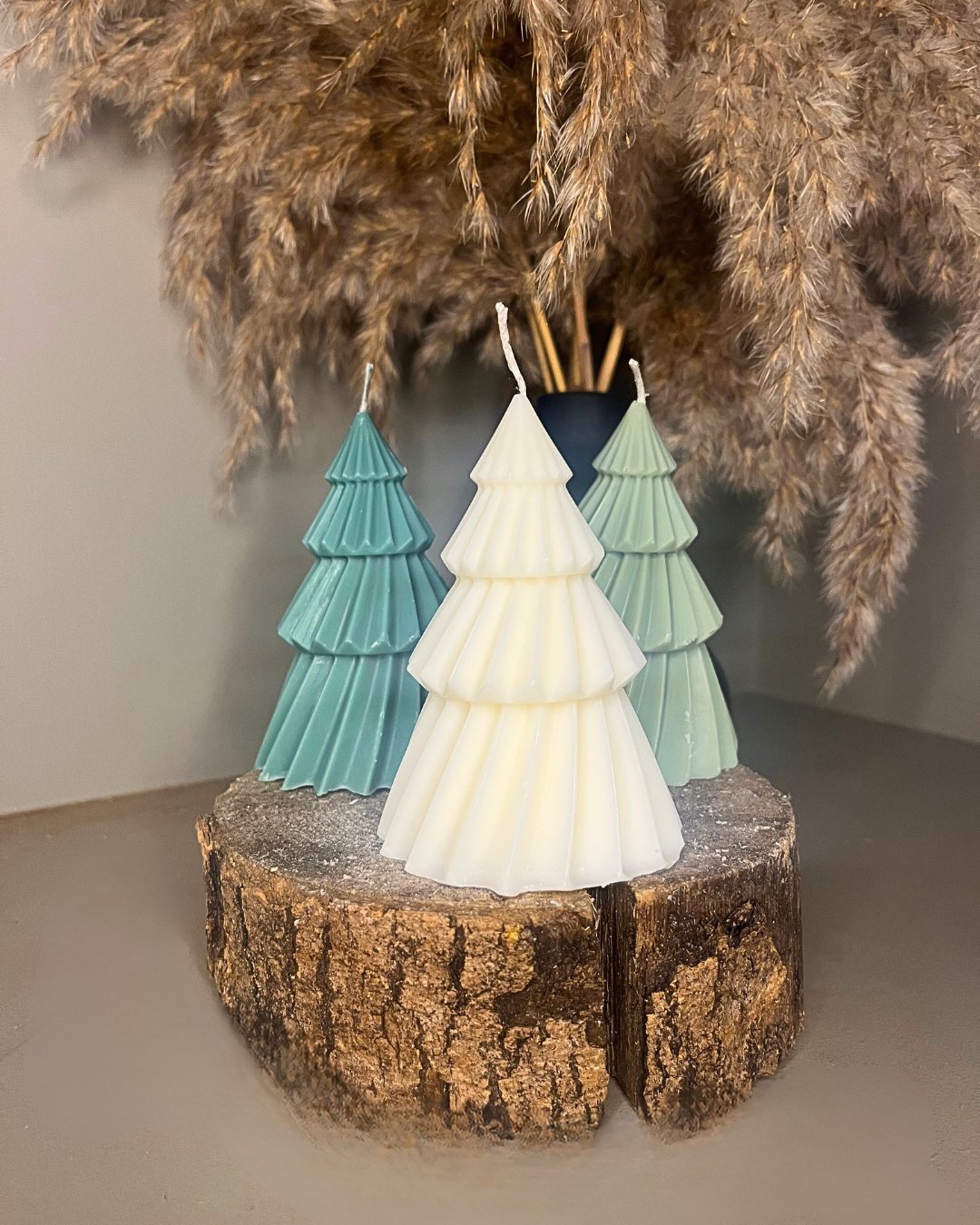 Scented Christmas Tree Candle Duo 12cm: Handmade Soy Wax, Cream & Green - Nude Flame Candles