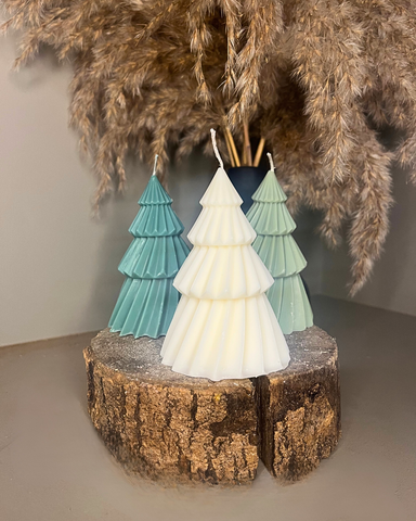 Scented Christmas Tree Candle Duo 12cm: Handmade Soy Wax, Cream & Green - Nude Flame Candles