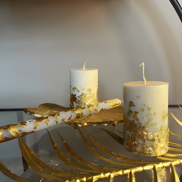 Luxury Gold Leaf Miniature Pillar Soy Candles x2 - Nude Flame Candles
