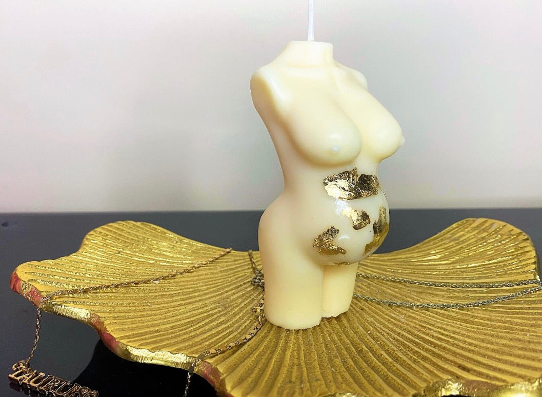 Gold Leaf Baby Bump Scented Soy Vegan Candle Cream Gold - Nude Flame Candles