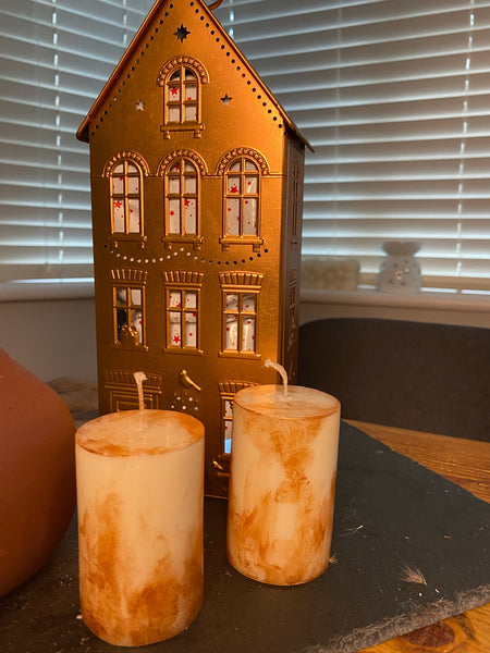 Luxury Copper Marble Miniature Pillar Candles x2 Soy 7.5cm - Nude Flame Candles